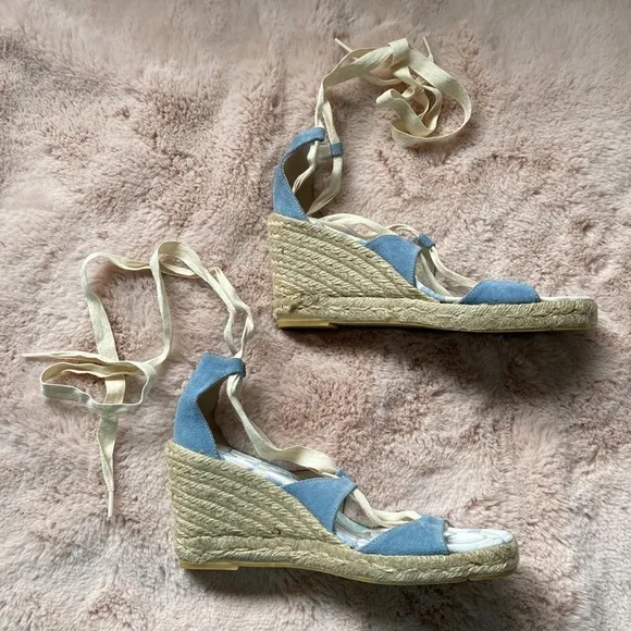 Coach Rosie Wedge Espadrilles Lace Up Wrap Sandals Blue Cream 9 NWOT