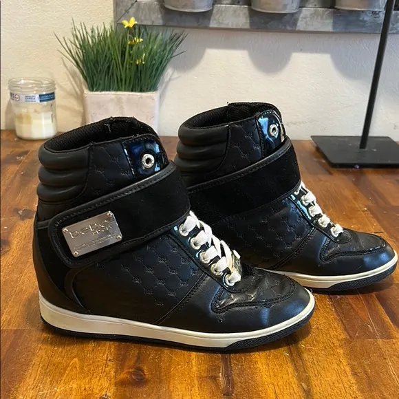 Colby Black High-Top Leather Ankle Sneakers  Gold Accents Hidden Wedge 6.5