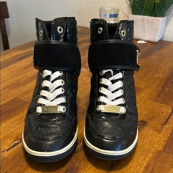 Colby Black High-Top Leather Ankle Sneakers  Gold Accents Hidden Wedge 6.5