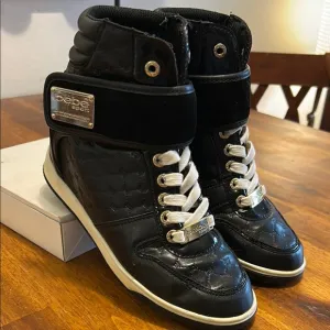 Colby Black High-Top Leather Ankle Sneakers  Gold Accents Hidden Wedge 6.5