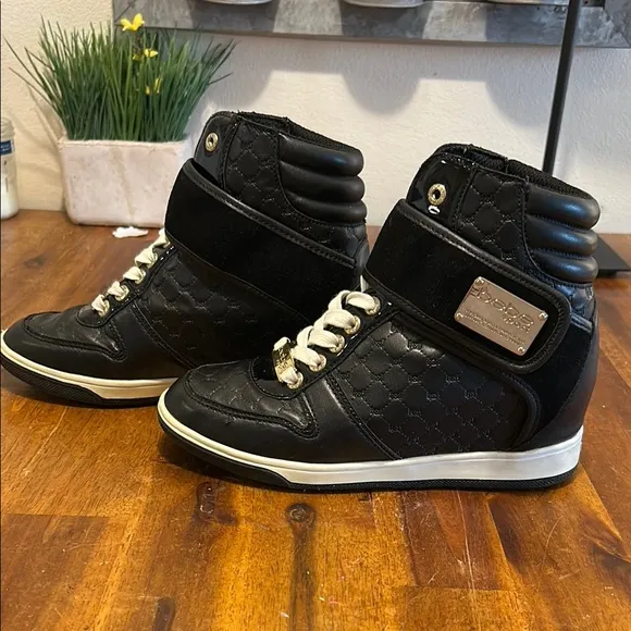 Colby Black High-Top Leather Ankle Sneakers  Gold Accents Hidden Wedge 6.5