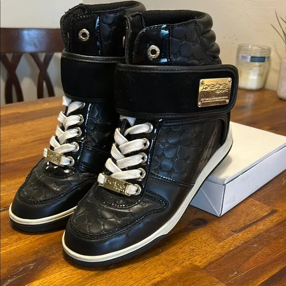 Colby Black High-Top Leather Ankle Sneakers  Gold Accents Hidden Wedge 6.5