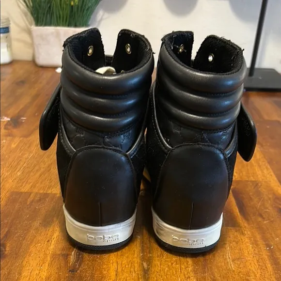 Colby Black High-Top Leather Ankle Sneakers  Gold Accents Hidden Wedge 6.5
