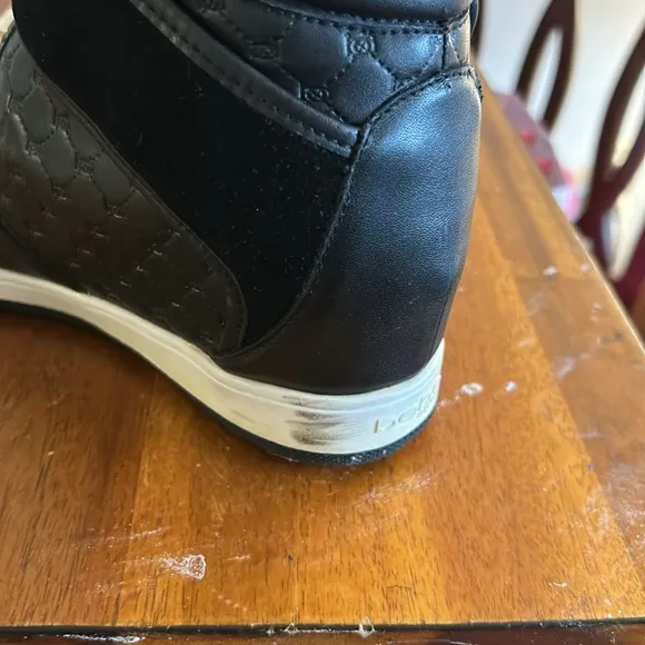 Colby Black High-Top Leather Ankle Sneakers  Gold Accents Hidden Wedge 6.5