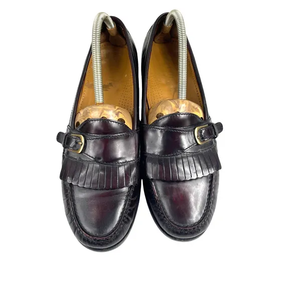 COLE HAAN Men 10 D Burgundy Leather Kiltie Tassel &amp; Buckle Loafers Preppy Y2K