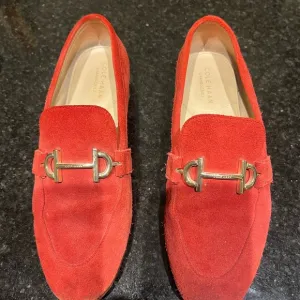 Cole Haan Red Suede Loafers with Gold Hardware