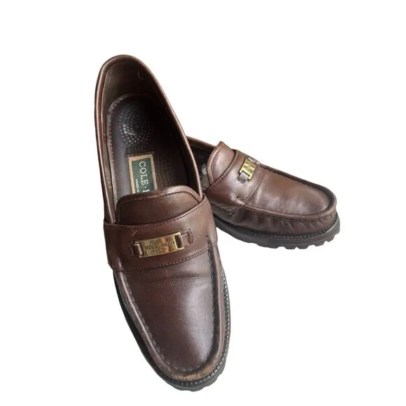 Cole Haan Women Classic Brown Gold Lug Sole Leather Round Penny Loafers-7.5AA