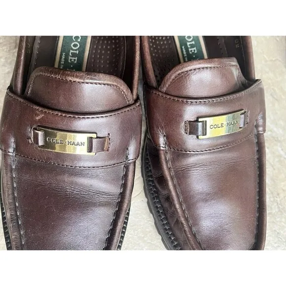 Cole Haan Women Classic Brown Gold Lug Sole Leather Round Penny Loafers-7.5AA