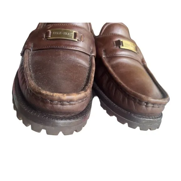 Cole Haan Women Classic Brown Gold Lug Sole Leather Round Penny Loafers-7.5AA