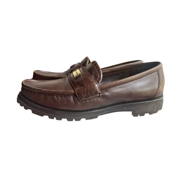 Cole Haan Women Classic Brown Gold Lug Sole Leather Round Penny Loafers-7.5AA