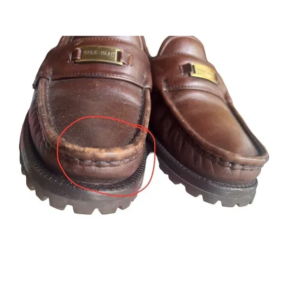 Cole Haan Women Classic Brown Gold Lug Sole Leather Round Penny Loafers-7.5AA