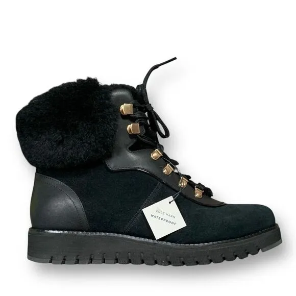 Cole Haan Zerogrand Explore Upstate Hiker Snow Boots Black Fur Shearling Lined