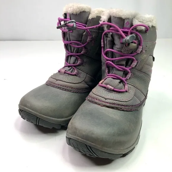 Columbia snow boots grey purple rubber leather nylon faux fur lined size 2