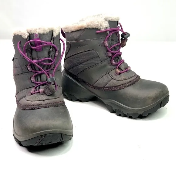 Columbia snow boots grey purple rubber leather nylon faux fur lined size 2