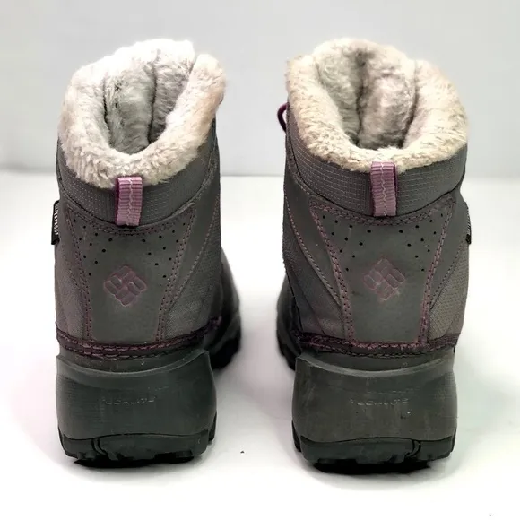 Columbia snow boots grey purple rubber leather nylon faux fur lined size 2