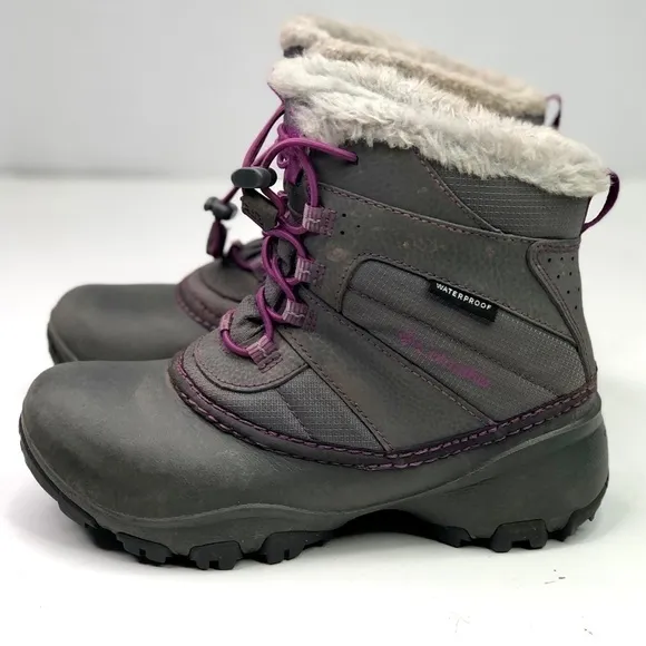 Columbia snow boots grey purple rubber leather nylon faux fur lined size 2