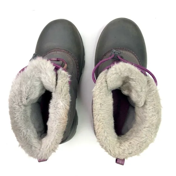 Columbia snow boots grey purple rubber leather nylon faux fur lined size 2