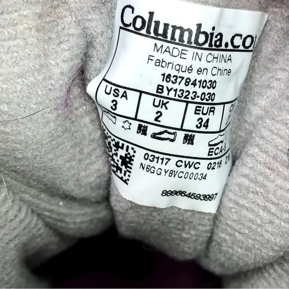 Columbia snow boots grey purple rubber leather nylon faux fur lined size 2