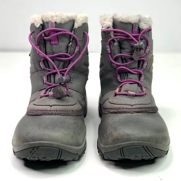 Columbia snow boots grey purple rubber leather nylon faux fur lined size 2