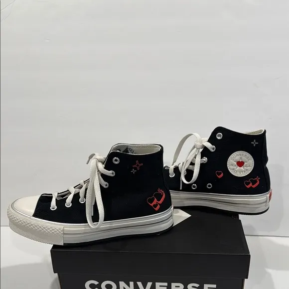 Converse Girls Kids Black High-Top Hearts Sneakers US Size 4