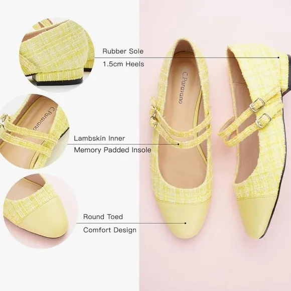 C.Paravano Mary Jane Tweed Texture Yellow Ballet Flats EU 37