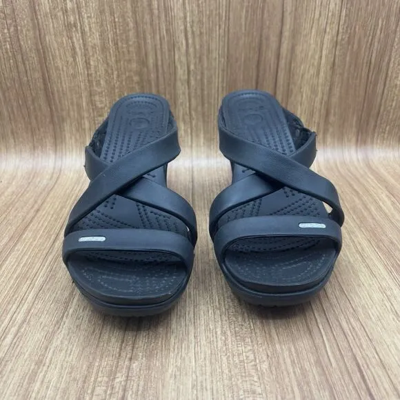 Crocs Cyprus IV Sandals Black Strappy Heel Platform Rubber Shoes Women’s Size 10