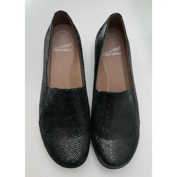 Dansko Loafers Slip Ons Farah Leather Lizard Reptile Embossed Comfort Black 39