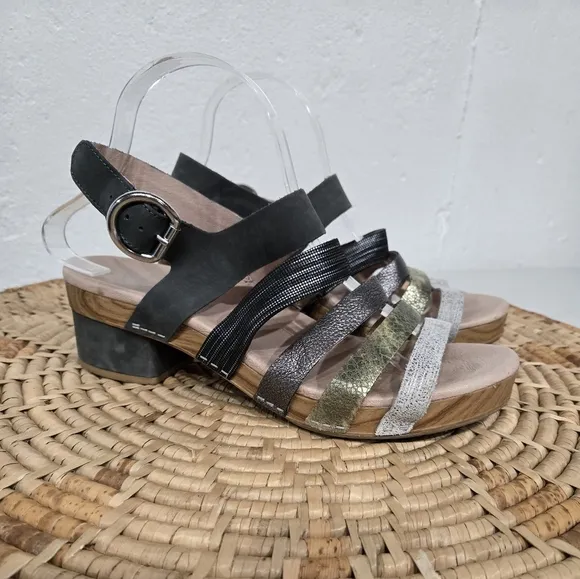 Dansko Metallic Black Silver Bronze Strappy Sandals 11-11.5