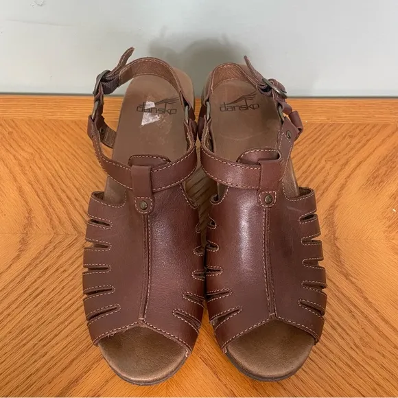 Dansko Randy Slingback Clogs Platform Sandals Strappy Brown Leather Size 39