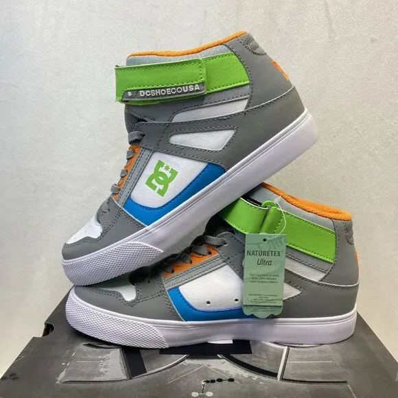 DC Pure HIGH-TOP EV Elastic Lace Sneakers Youth Sz 4.5 White/Grey ADBS300324 New