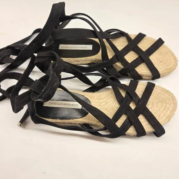 Diane von Furstenberg Bastia Black Suede LaceUp Gladiator Espadrilles EU 37 US 7