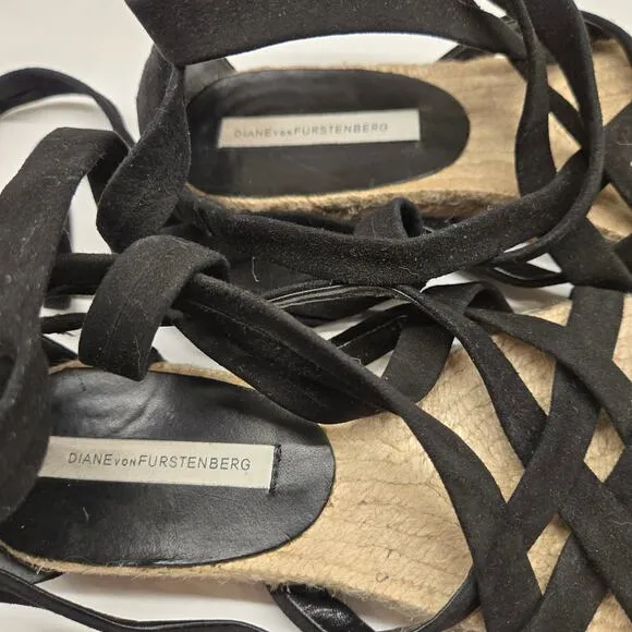 Diane von Furstenberg Bastia Black Suede LaceUp Gladiator Espadrilles EU 37 US 7
