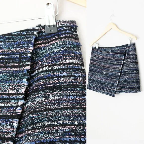 Diane Von Furstenberg DVF Austyn Black Indigo Camellia Tweed Faux Wrap Skirt 2