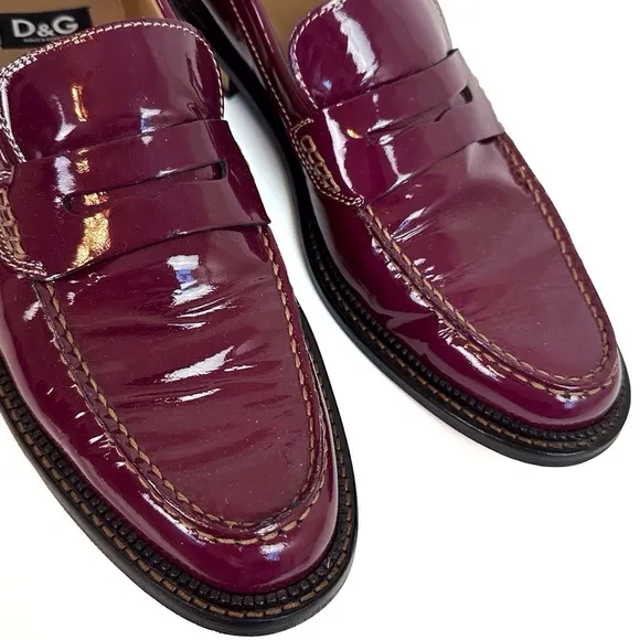 Dolce &amp; Gabbana Burgundy Patent Leather Penny Loafers EU 39 US 8 Glossy Flat