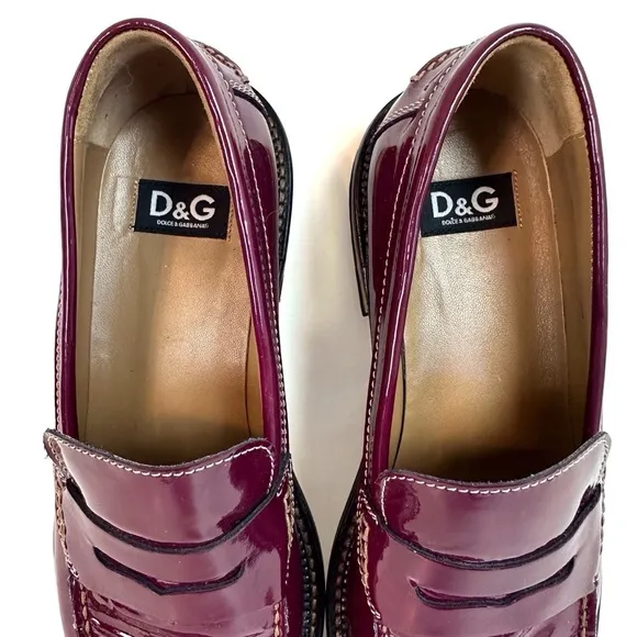 Dolce &amp; Gabbana Burgundy Patent Leather Penny Loafers EU 39 US 8 Glossy Flat