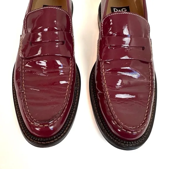 Dolce &amp; Gabbana Burgundy Patent Leather Penny Loafers EU 39 US 8 Glossy Flat