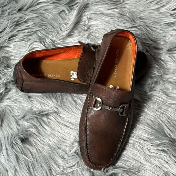 Donald J. Pliner Brown Loafers with Silver Bit Detail and Moccasin Style