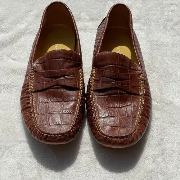 Donald J Pliner VINCO5 Brown Croc Embossed Leather Loafers Driving Shoes Size 11