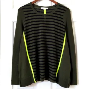 Duffy Lightweight Wool &amp; Cashmere Striped Knit Flared Slit Hem Sweater Green XS