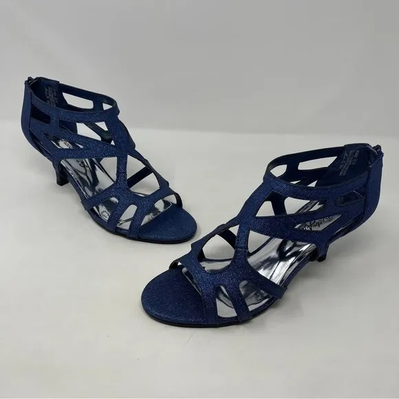 Easy Street Alive At 5 Strappy Flattery Zip Up Dress Heel Sandals Navy Glitter