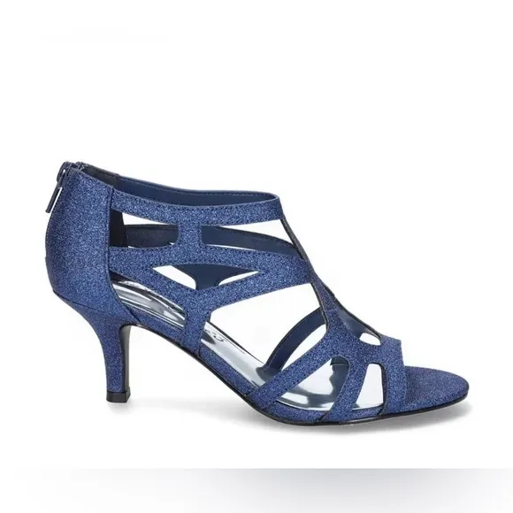 Easy Street Alive At 5 Strappy Flattery Zip Up Dress Heel Sandals Navy Glitter