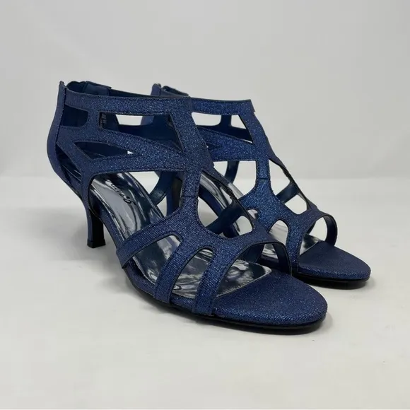 Easy Street Alive At 5 Strappy Flattery Zip Up Dress Heel Sandals Navy Glitter