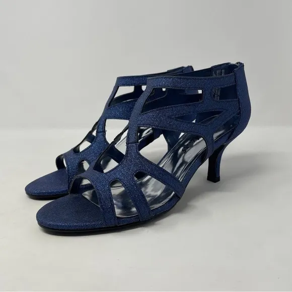 Easy Street Alive At 5 Strappy Flattery Zip Up Dress Heel Sandals Navy Glitter