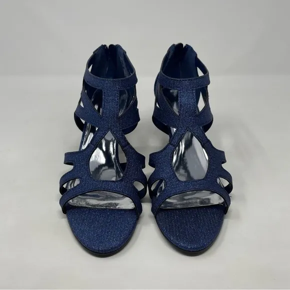 Easy Street Alive At 5 Strappy Flattery Zip Up Dress Heel Sandals Navy Glitter