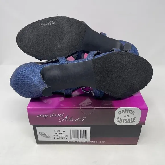 Easy Street Alive At 5 Strappy Flattery Zip Up Dress Heel Sandals Navy Glitter