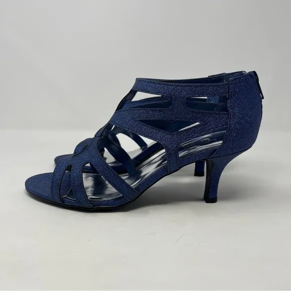 Easy Street Alive At 5 Strappy Flattery Zip Up Dress Heel Sandals Navy Glitter