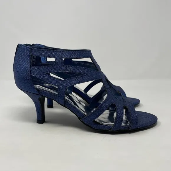 Easy Street Alive At 5 Strappy Flattery Zip Up Dress Heel Sandals Navy Glitter