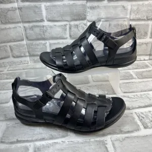 ECCO Flash Black Leather Adjustable T-Strap Flat Sandals Women's EU 38/US 7-7.5