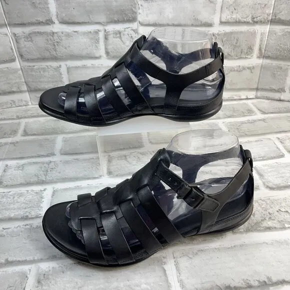 ECCO Flash Black Leather Adjustable T-Strap Flat Sandals Women's EU 38/US 7-7.5