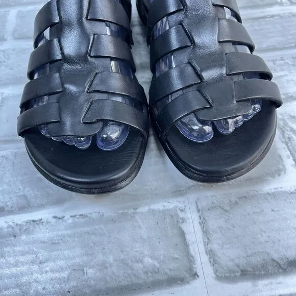 ECCO Flash Black Leather Adjustable T-Strap Flat Sandals Women's EU 38/US 7-7.5